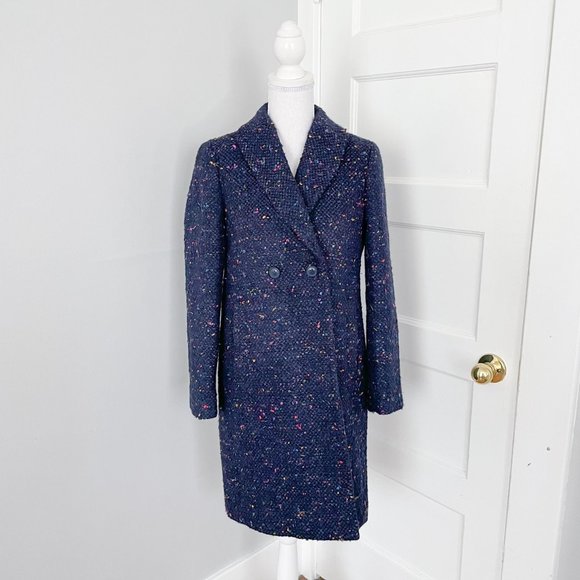 NWT J. Crew Blue Daphne Topcoat Women's Size 0 Speckled Italian Tweed Wool Blend